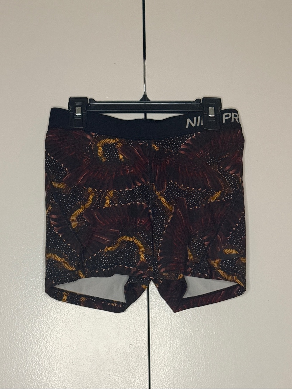 Nike Pro Maroon Floral Print Bike Shorts with Yellow Accents